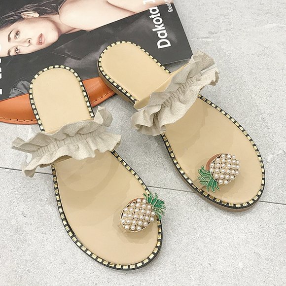 Pineapple Pearl Flat Slide Toe-Ring Sandal in Beige - Picture 2 of 4